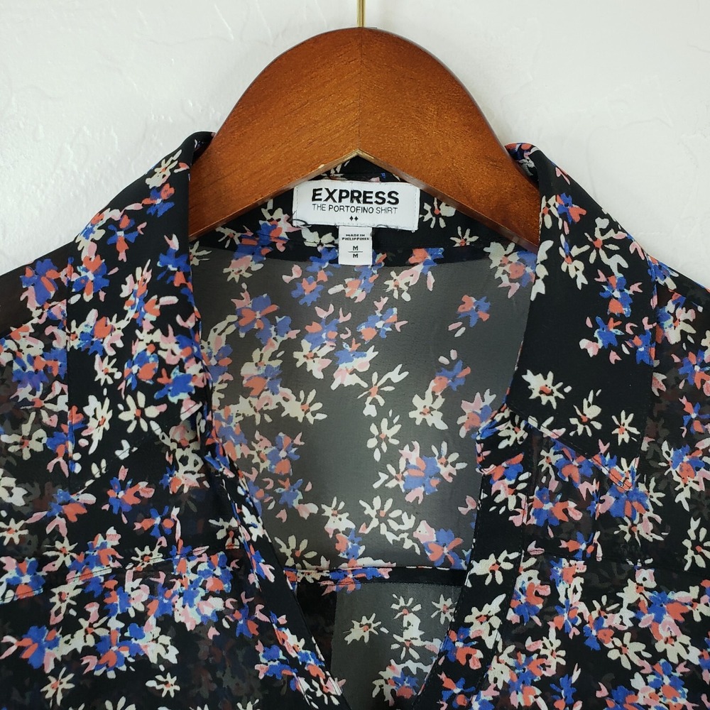 Express Portofino Blouse Shirt Women's Medium Black Floral Long Tab Sleeve - Picture 3 of 11